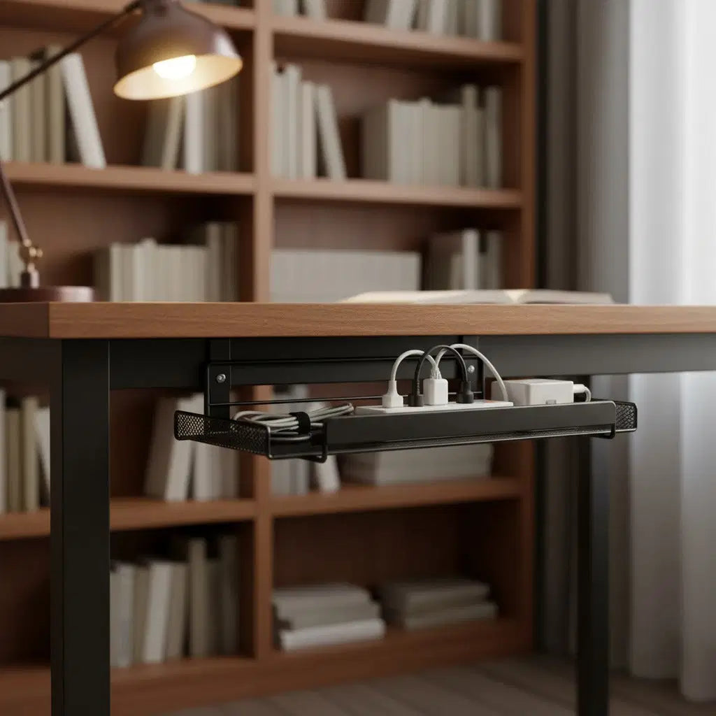 CordNest under-desk cable management tray for cords and power strips